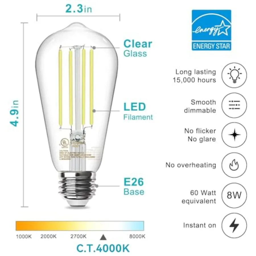 LED Edison Light Bulbs, E26 Dimmable Vintage Bulb, 8W = 60W Equivalent Neutral White 4000K, 800LM, E26 Base, ST19/58, 80+ CRI,