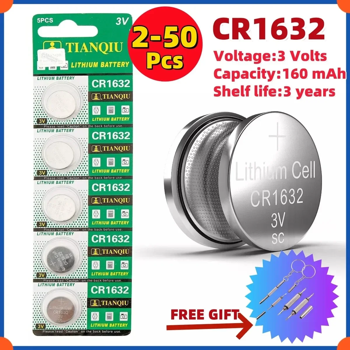 

2-50PCS CR1632 Lithium Button Battery CR 1632 DL1632 BR1632 LM1632 ECR1632 3V Coin Cells Batteries For Watch Remote Key