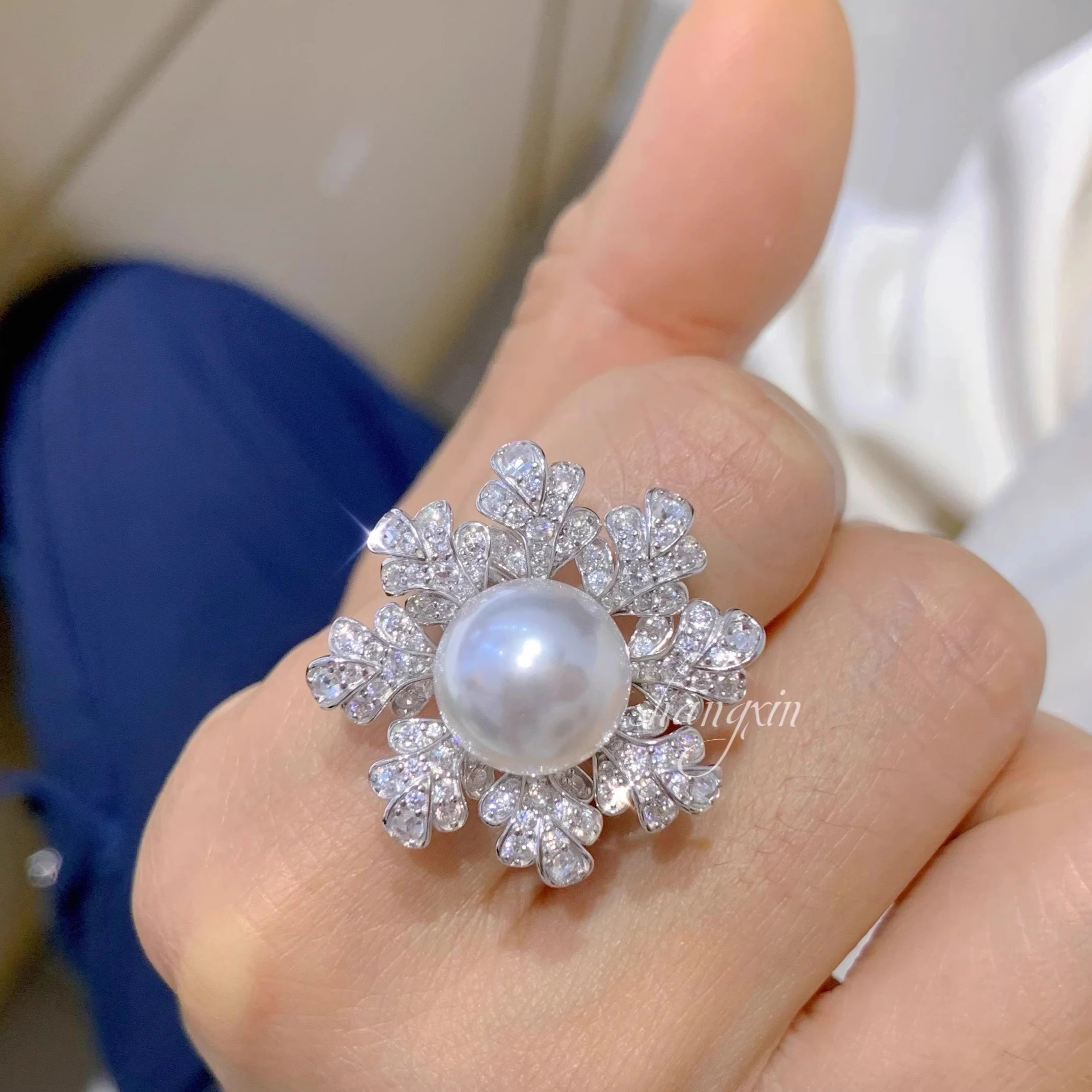 MeiBaPJ 9-10mm Natural Round White Pearls Fashion Flower Ring DIY 925 Silver Holder Setting Fine Wedding Jewelry for Women