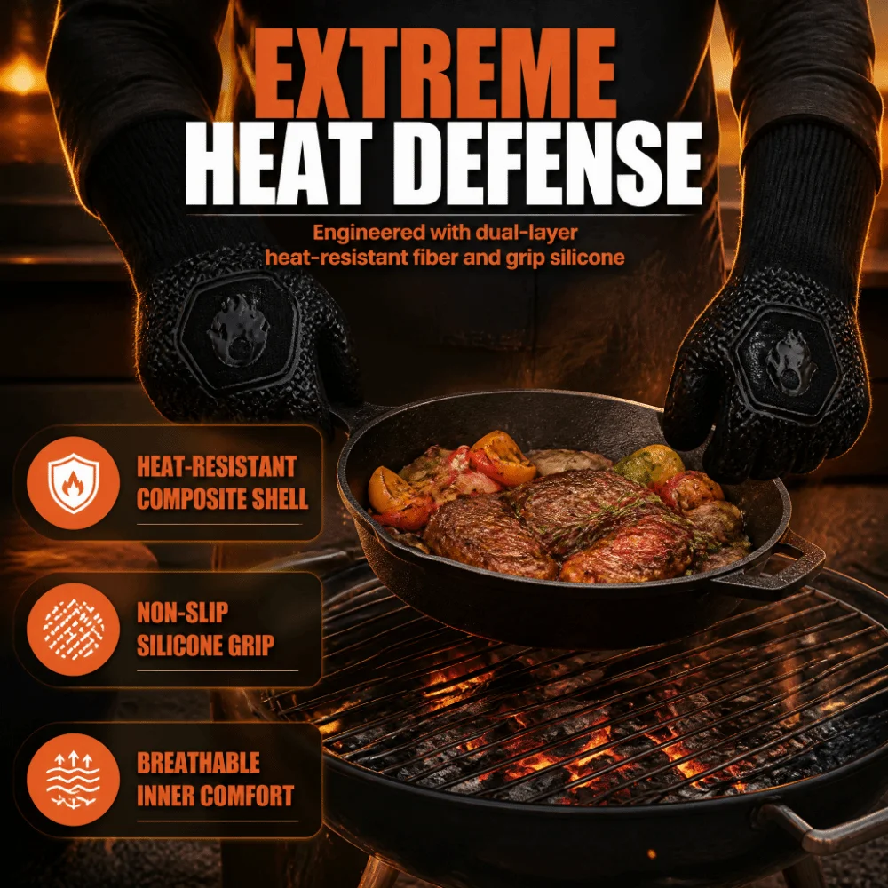 2pcs Safe Non-Slip Silicone BBQ Gloves Fireproof Fiber 800℃ Heat Resistant Grill Gloves Fireproof Gloves Oven