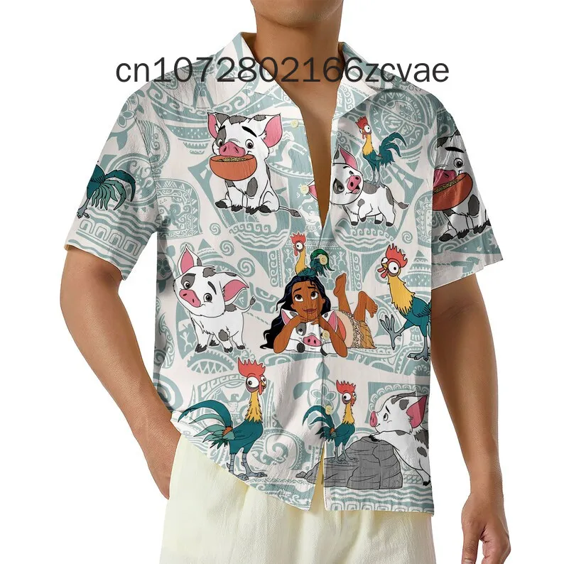 2024 Disney Moana and Maui Men and Women Hawaiian Shirt Land Trip Hawaiian Shirt Vacation Holiday Beach Short Sleeve Shirt