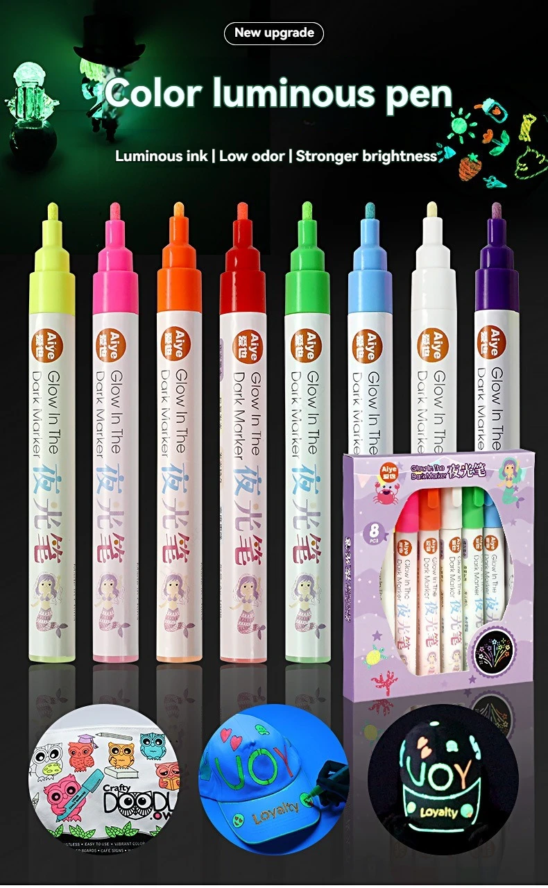8 Farben, im Dunkeln leuchtende Stofffarben, Acryl-Textil-Farbmarker, im Dunkeln leuchtender Farbstift, DIY Graffiti, Neon-Kunstbedarf, Markierung – Detail 1