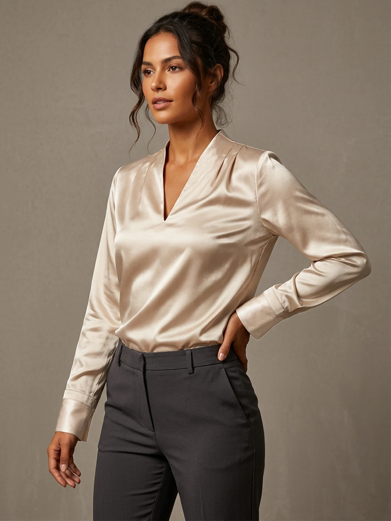 Champagne Satin V-Neck Long Sleeve Shirt Women's Drapey Silk-Like Crease Commute Top Elegant Office Wear Blouse