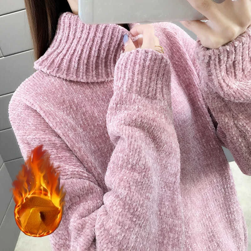 Chenille Turtleneck Sweater for Women Autumn Winter Korean Style Solid Color Thick Pullover Sweater Loose Lazy Style Sweater