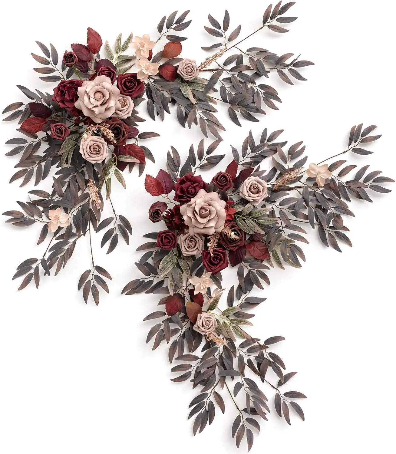 2PCS Artificial Floral Swags Centerpieces Burgundy Wedding Flower Greenery Arrangements for Sweetheart/Head Table Decor Car Wall