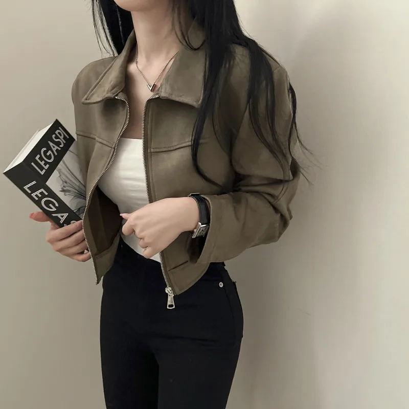 Korean Chic 2026 Spring Autumn Retro Handsome Front Shoulder Jacket Women's Lapel Zipper Long-sleeved Leather Fleece Short Coat