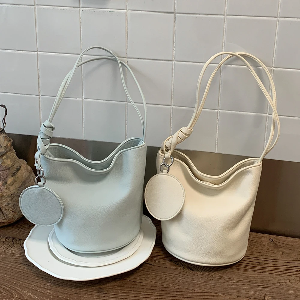 Women's Spring Summer One Shoulder Bag Korean Style Ins Solid Color Soft Pu Bucket Bags Chic All-Match Texture Handbags