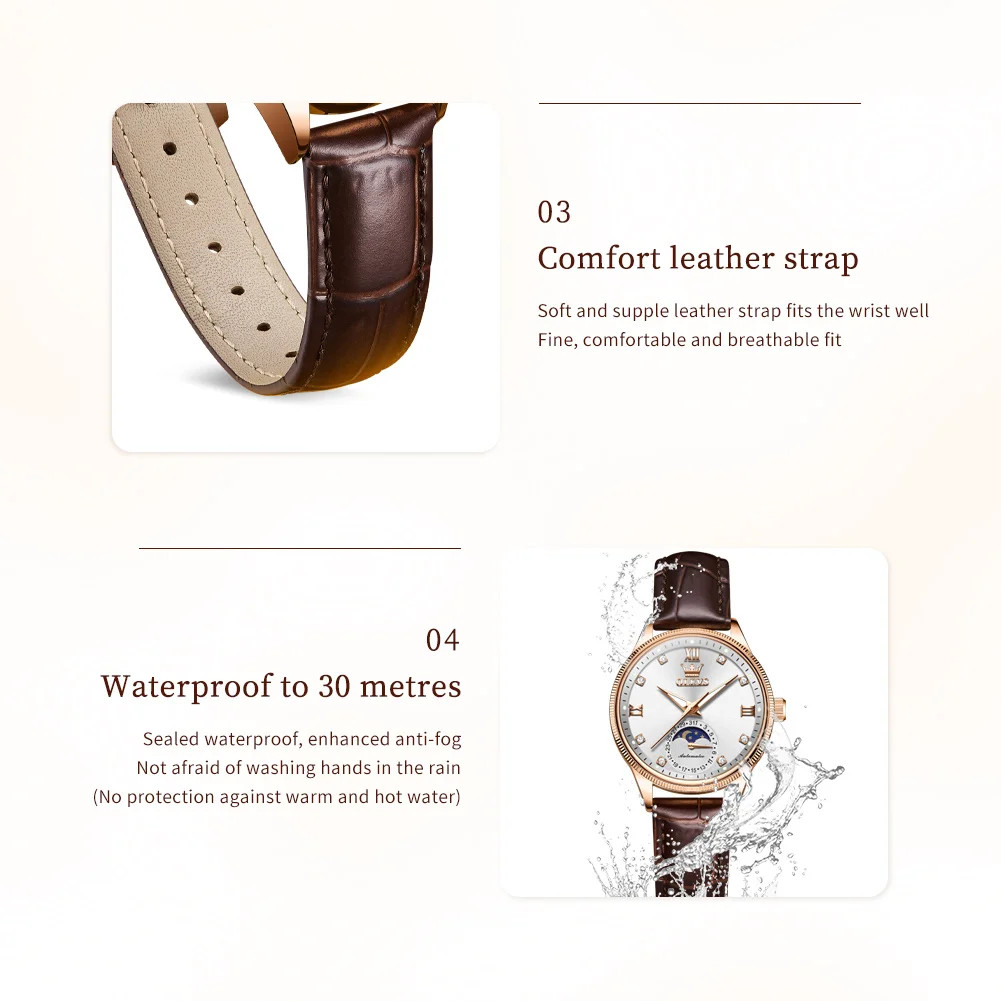 OLEVS 7039 Womens Watch Original Automatic Mechanical Wristwatch Leather Strap Reloj Mujer Waterproof Luminous Moon Phase Watch