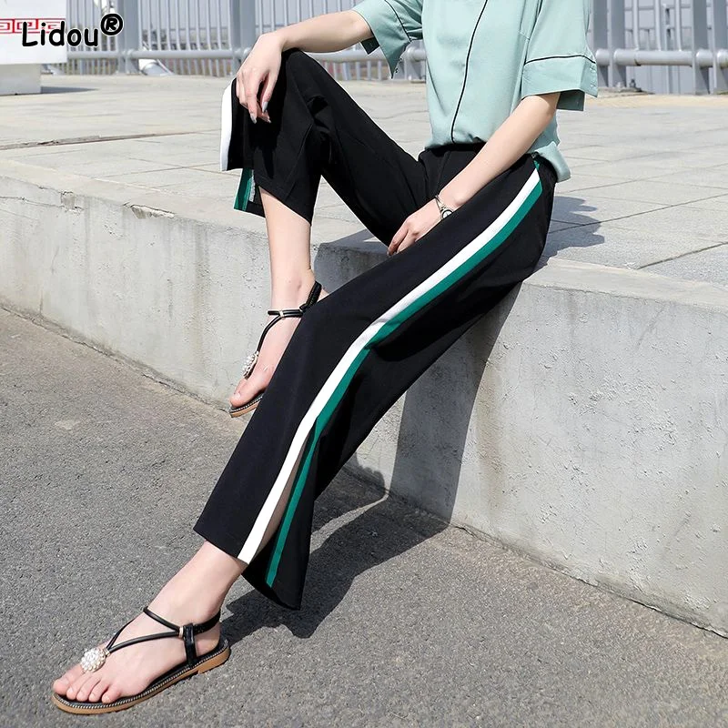 Bright Line Decoration Side Stripe Patchwork Solid Color Elastic Waist Fashion Casual Women's Clothing Wide Leg Pants Thin Loose