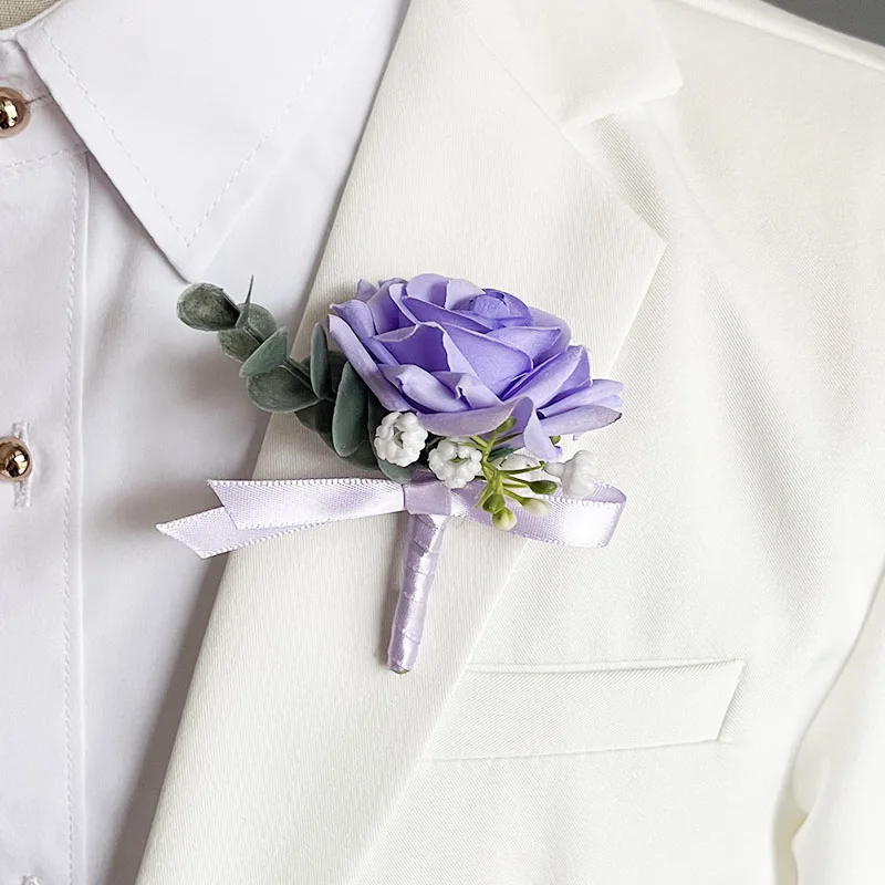 Корсаж для бойфренда Бутоньерка Свадебные аксессуары Брак Синяя петля для гостей Брошь Цветы Шелковая роза Корсаж для жениха