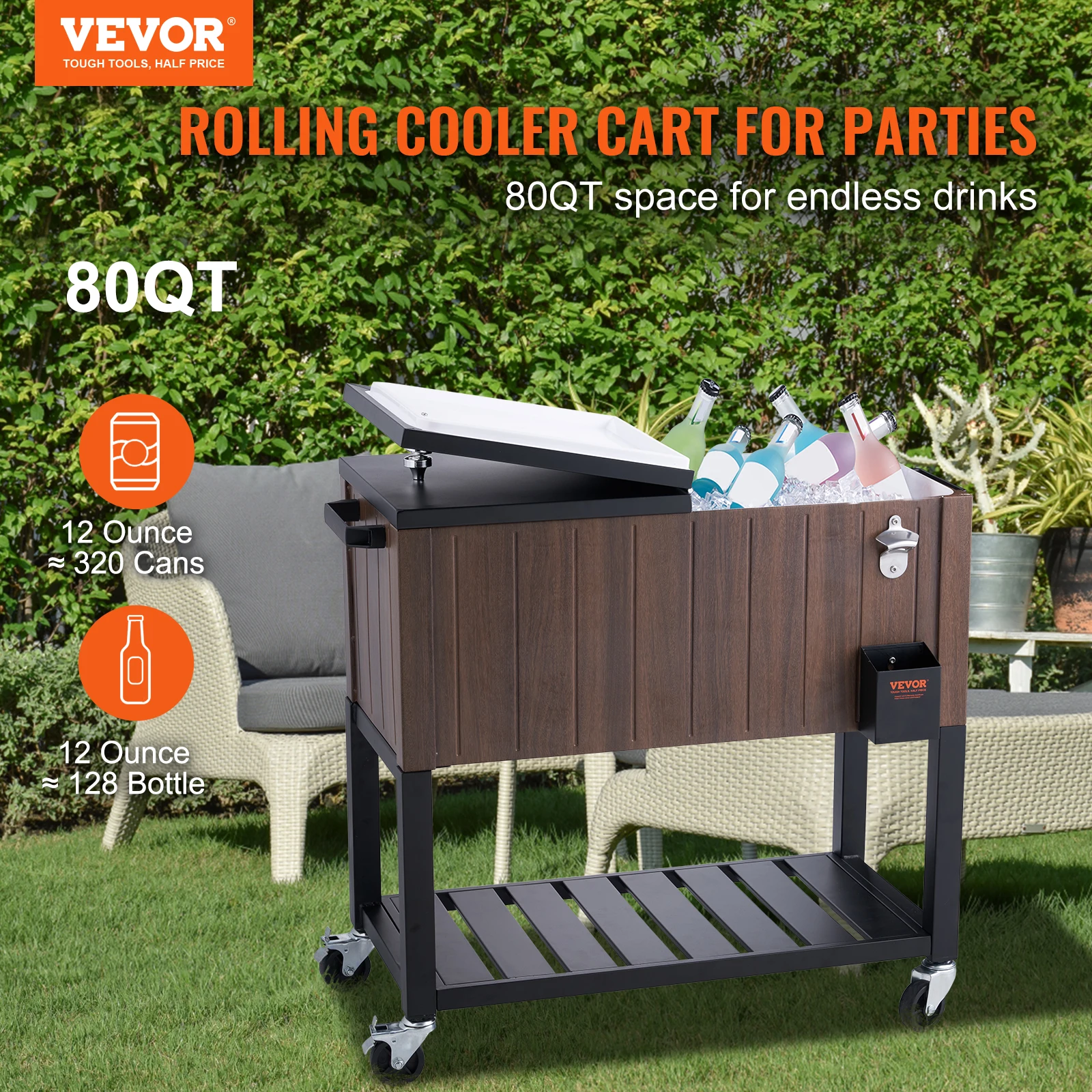 VEVOR 80QT Rolling Ice Chest Cooler Cart Portable Bar Drink Cooler Beverage Bar Stand Up Cooler for Patio Backyard Party Pool