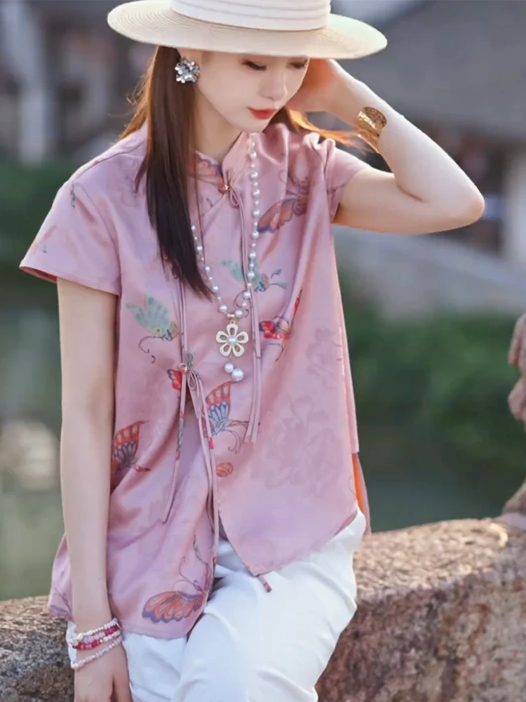 

Summer 2025 High-End Chinese National Sle Small irt Design Sense Stand Collar Belted Pink Print Women's Top