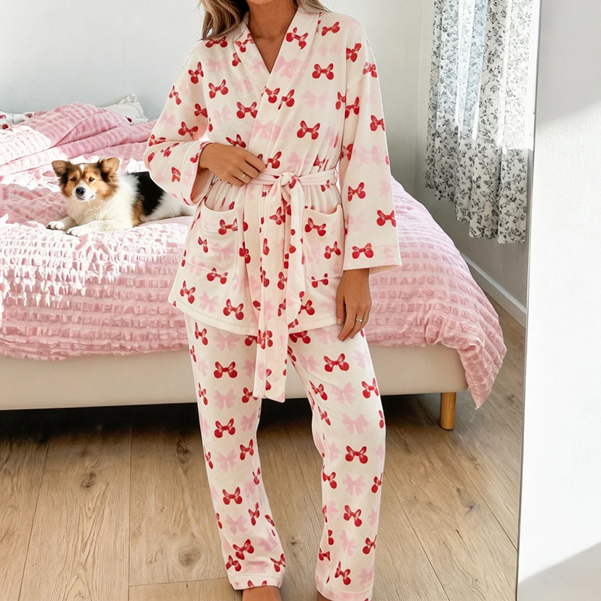 HiLoc Printed Sweet Knit Elastic Women'S Pajamas Two-Piece Long Sleeve V-Neck Wrap-Around Lace-Up Nightgown Elastic Waist  Pants