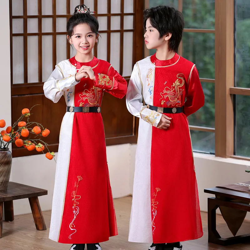 Hanfu Red and White Color Blocked Performance Costume New Chinese Style Long Sleeved Ethnic Style Children's Hanfu
