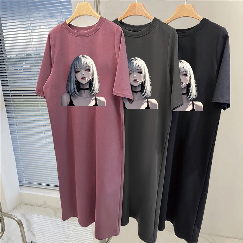 Women Summer Casual T‑Shirt Dress Short Sleeve Round Neck Anime Girl Print Loose Oversized Long Maxi Sundress