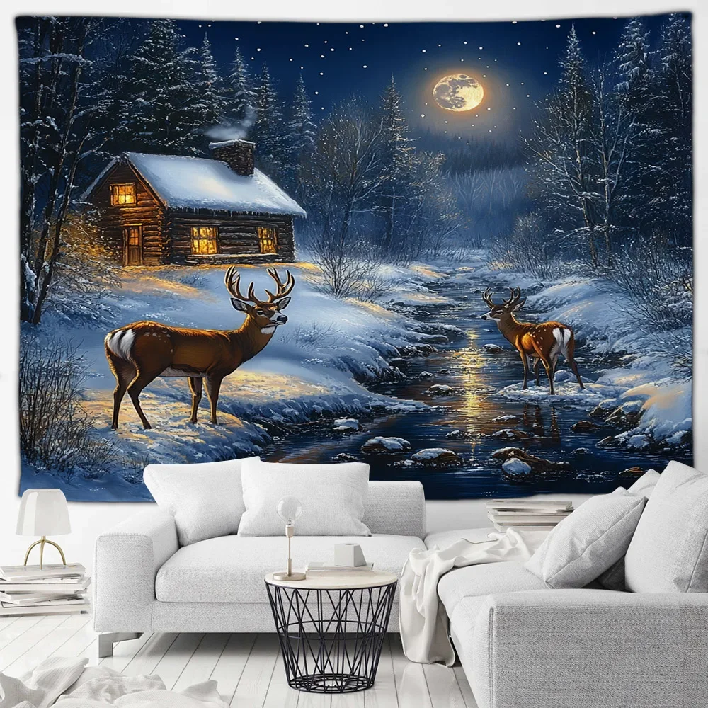Winter Forest Elk Tapestry Farmhouse Stream Snowy Animal Nature Landscape New Year Christmas Home Living Room Decor Wall Hanging