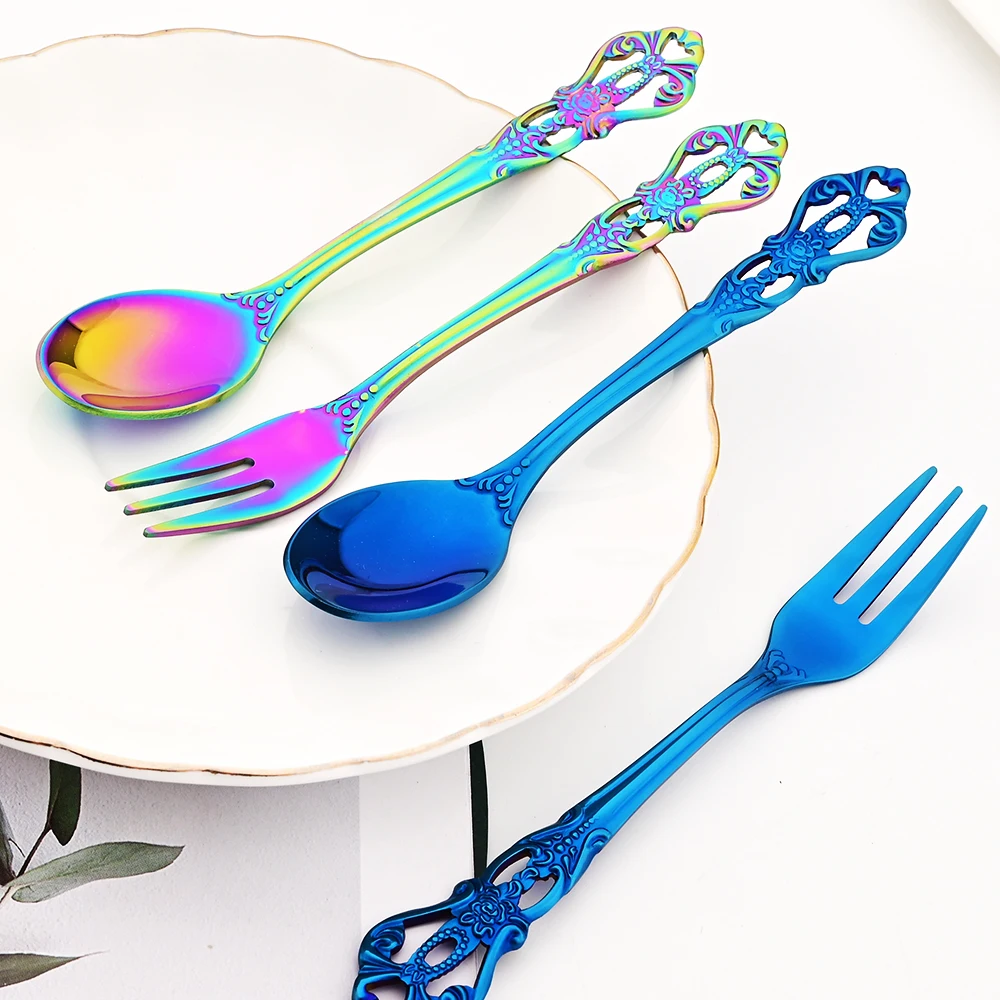 Stainless Steel Cutlery Set Knife Tea Fork Ice Cream Spoon Tableware Set Western Kitchen Flatware Rainbow Vintage Dinnerware Set