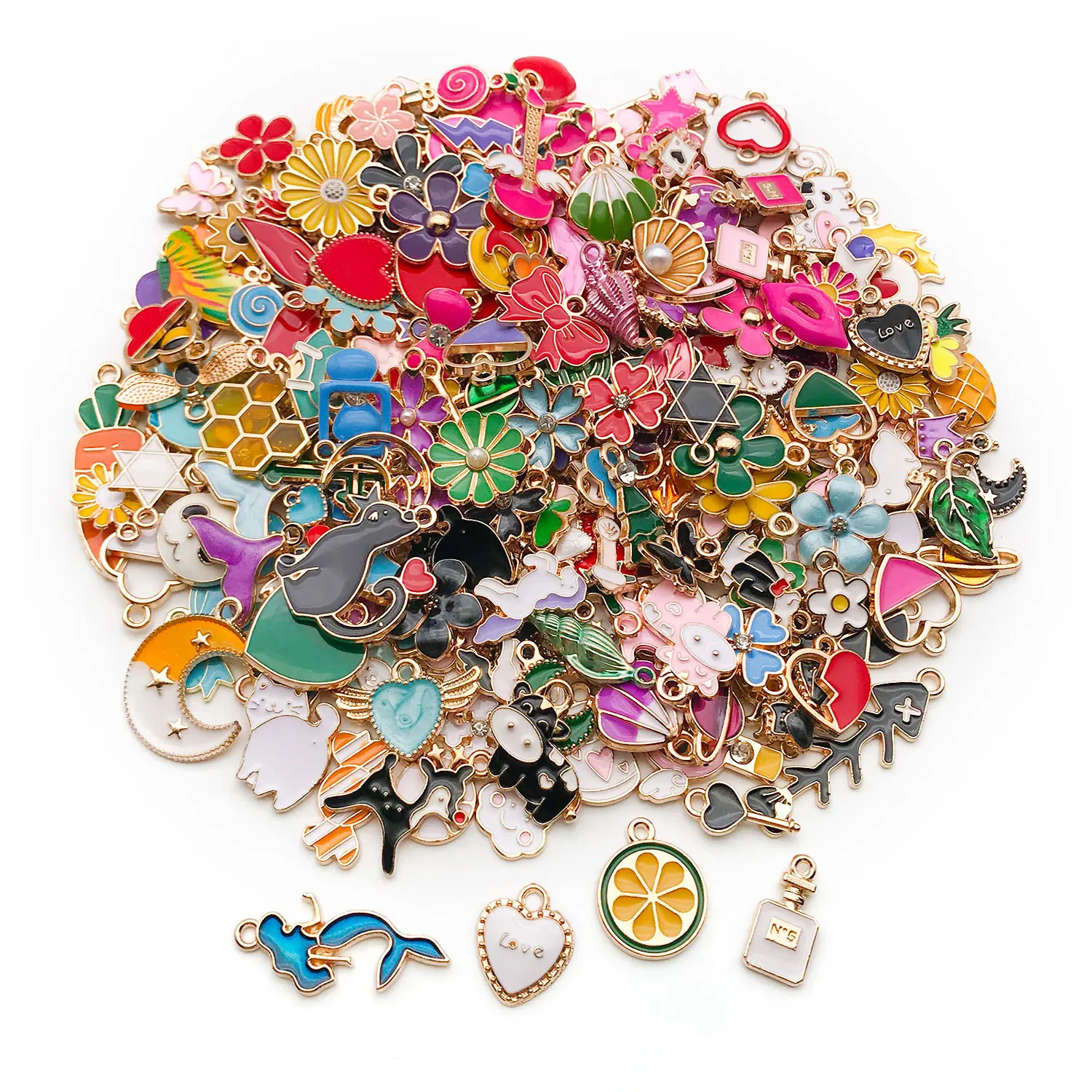 

270pcs Multi-color Enameled Cartoon Alloy Charms, Assorted Cute Pendants for DIY Bracelet, Keychain & Jewelry Making.