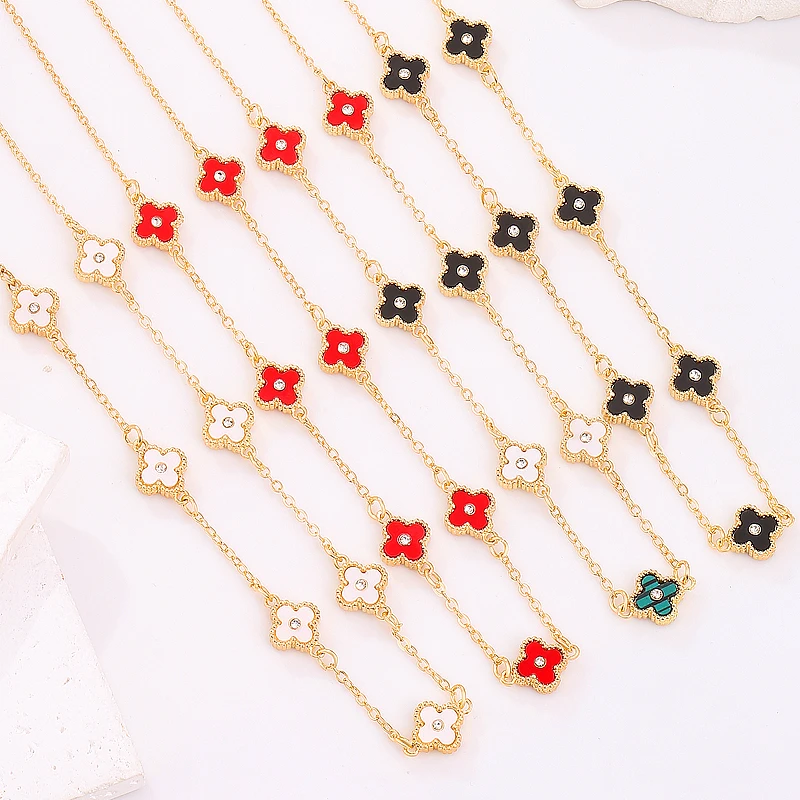 CDD New Style Shiny Rhinestone Four Leaf Clover Necklace for Women Petal Five Leaf Flower Fashion Neck Chain Jewelry Collar Gift