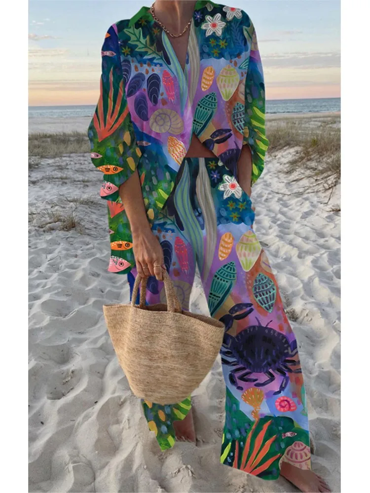 

Fashion Casual Print Beach Holiday 2-Piece Sets Spring Summer Long Sleeve Shirt Top + Wide Leg Pant Women's Two-Piece Outfit