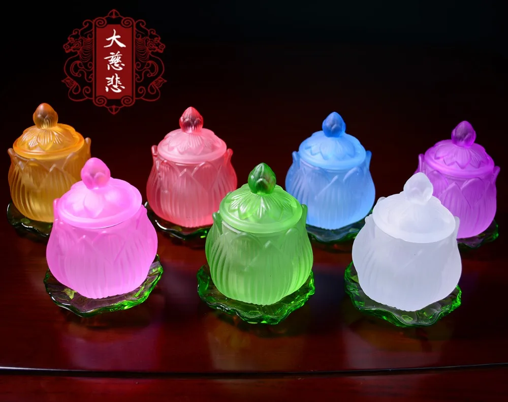 Wholesale Buddhist articles-2020  efficacious HOME family Protection Talisman- 7P Colored Glaze Lotus lamp holder Holy water cup