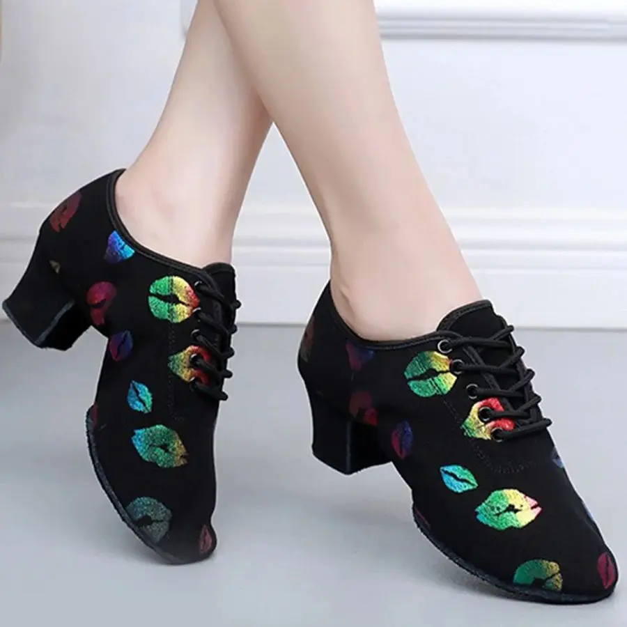

Women Latin Dance Shoes Jazz Ballroom Salsa Dancing Shoes 5cm High Heels Training Modern Tango Color Lips Female Dance Sneakers