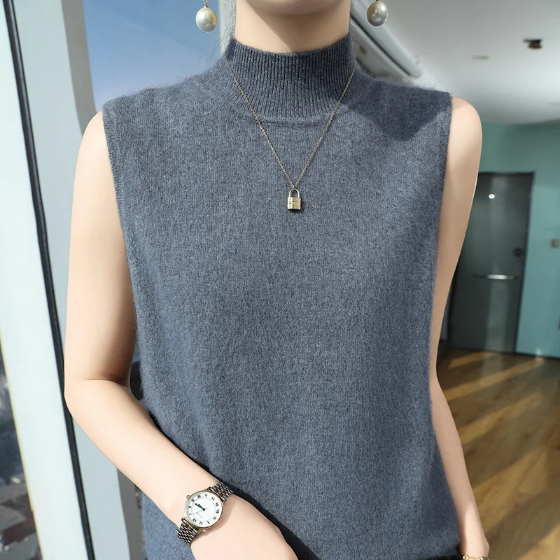 Chaleco de cuello medio alto tejido de Cachemira de visón 100% para mujer, suéter fino sin mangas para primavera y verano, jersey NUEVO chaleco