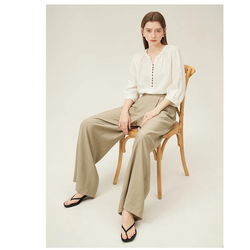 Fengbaoyu Natural Linen Ladies Shirt - Three-quarter Sleeve V-Neck Top - Elegant and Chic French Casual Shirt - Comfortable