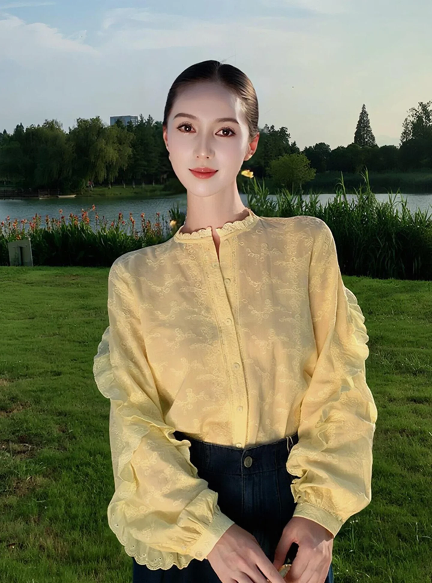 

Ele Unique Yellow Long Sve irt High Waist Commute Sle Ladylike Personali Small Capita Early Spring 2026 New