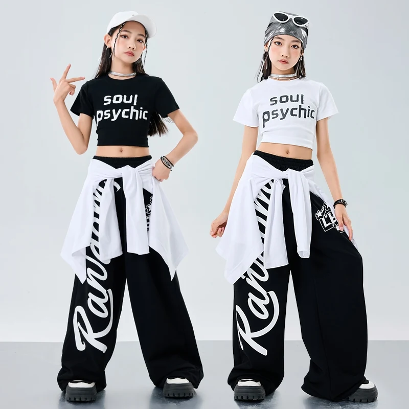 Cool Meisjes Jazzdans Outfit Kpop Stage Performance Kostuum Crop Top Rode Shuffle Broek Zwart Hip Hop Set Kinderen Street Wear 2083