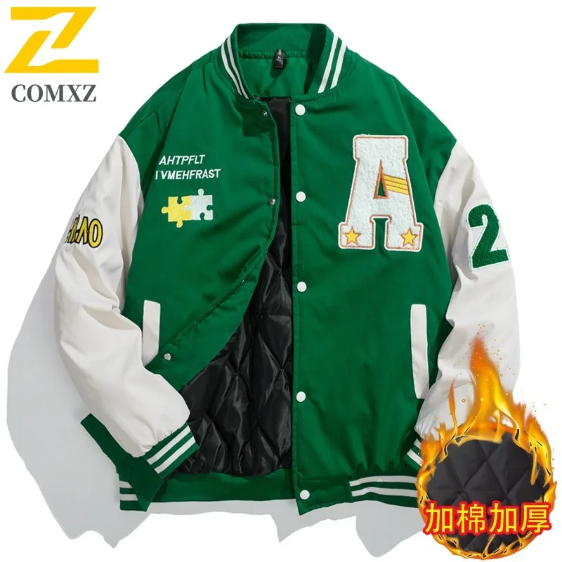 

COMXZ 2025 Winter New Baseball Jacket Camping Lightweight Cotton Coat Youth Trendy Stand Collar A Line Outerwear Student Wear