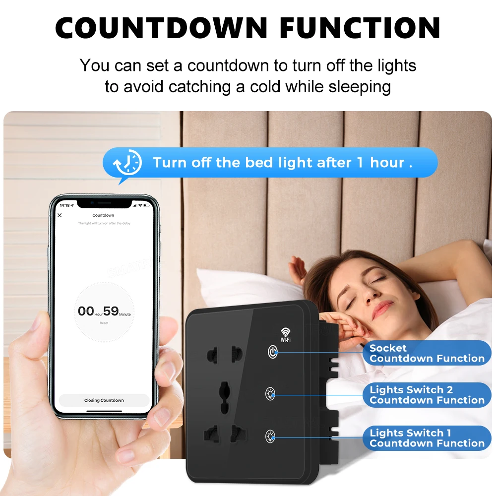 Tuya Wifi Wall Smart Socket 2Gang Switch Light Touch US EU UK Plug Tempered Glass Timing Electrical App For Google Home Alexa