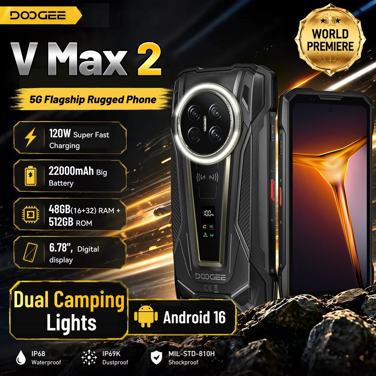 DOOGEE V Max 2 5G Flagship Robustes Smartphone, Weltpremiere, 6,78 Zoll Digitaldisplay, 48GB(16+32) RAM + 512GB ROM, 22000mAh Großakku, Android 16, Doppelte Campingleuchten, 120W Super-Schnellladung