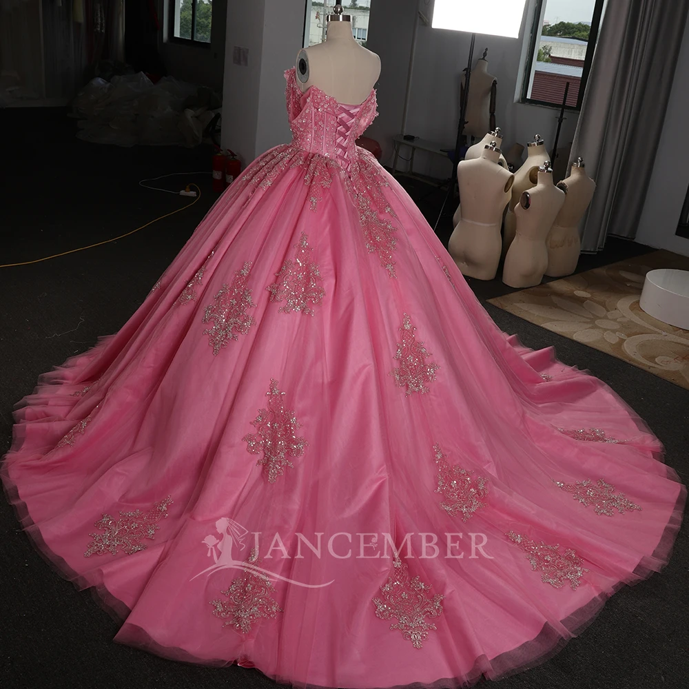 Pink Princess Quinceanera Dresses Appliques Masquerade Vestidos De 15 Anos XV Organza V-neck Sweet 16 Ball Gown Party Customized