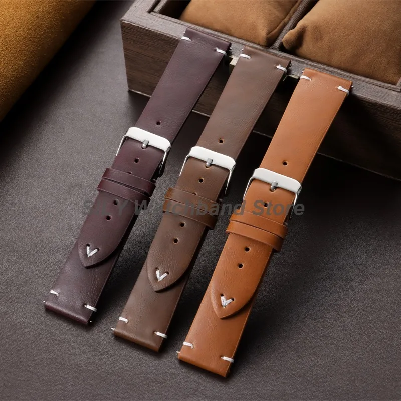 Leather WatchBand 18mm 20mm 22mm Universal Men Women Handmade Retro Oil Wax Leather Sport Strap Soft Quick Release Bracelet Belt image 3