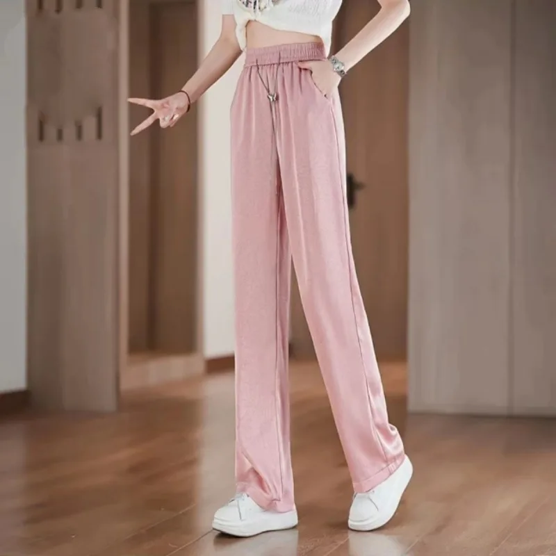 

Pink Acetate Satin Wide-Leg Pants Women's Thin Ice Silk Sun-Proof Trousers New Chinese Style Pants