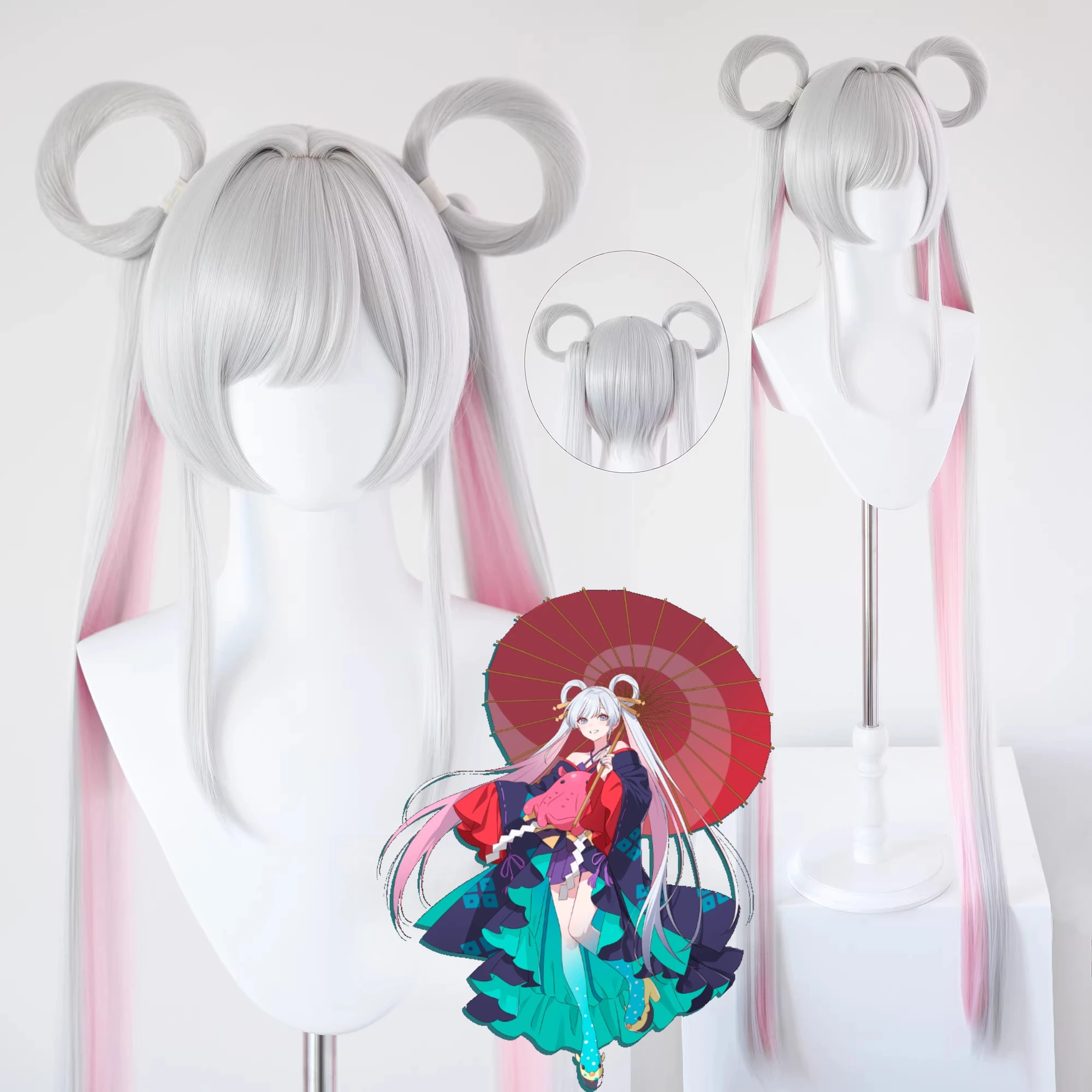 

Princess Kaguya Yachiyo Runami Cosplay Wig Silver Pink Color Block Double Ponytails with Circle Accessories Heat Resistant