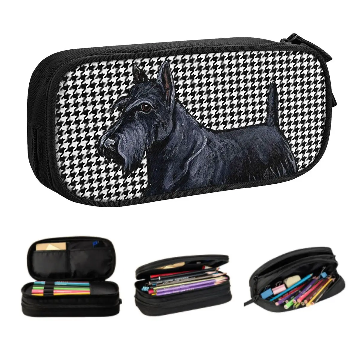 Cute Scottish Terrier Houndstooth Pencil Cases for Girl Boy Large Storage Pet Scottie Dog Pencil Box School Supplies