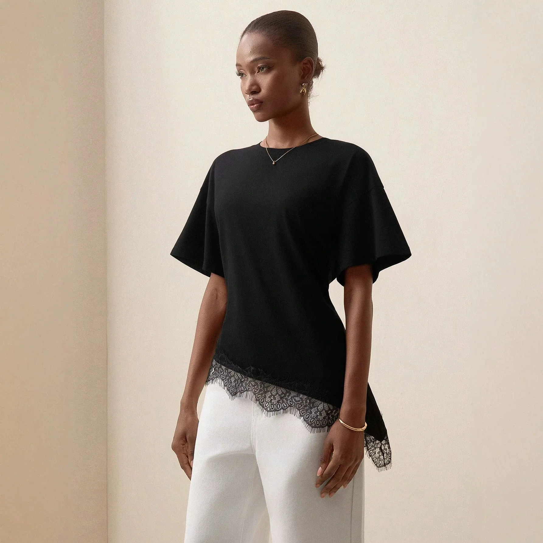 2026 New Fashion Random Lace Patchwork Solid Color Drop Shoulder Comfortable Five-quarter Sleeve Top T-shirt Femme Clothes