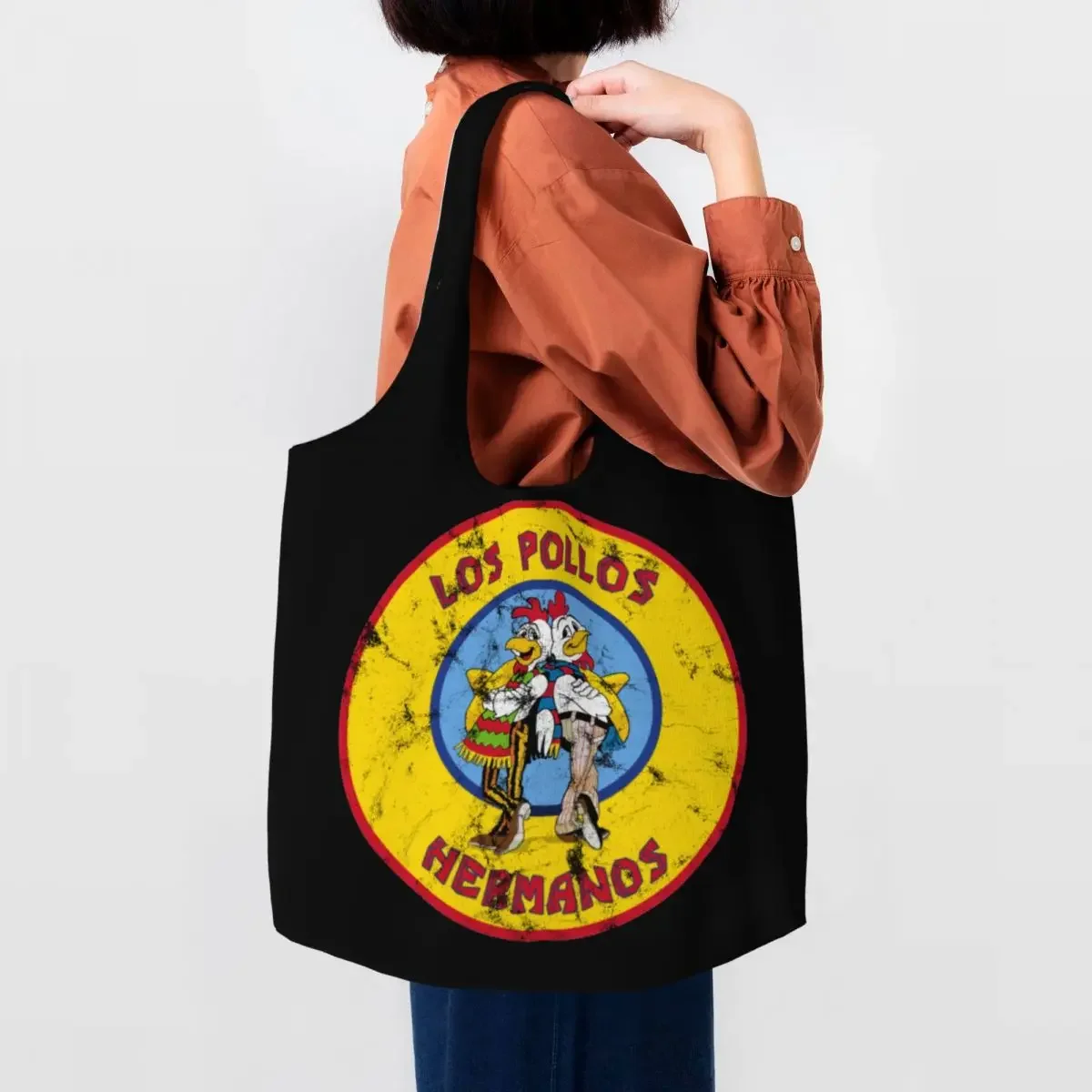 Kawaii Distressed Breaking Bad Shopping Tote Bag Reusable Los Pollos Hermanos Bullseye Canvas Grocery Shoulder Shopper  Handbag