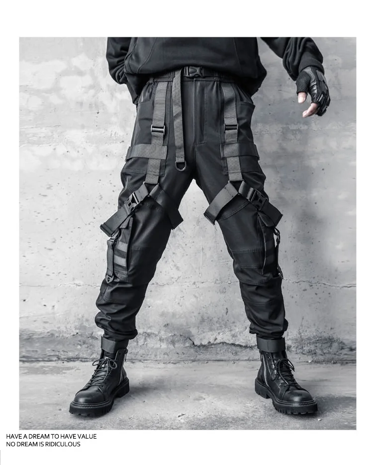Hip Hop Punk Cargo Pants Man Multi Ribbons Decorative Techwear Pants High Street Tactical Casual Trousers