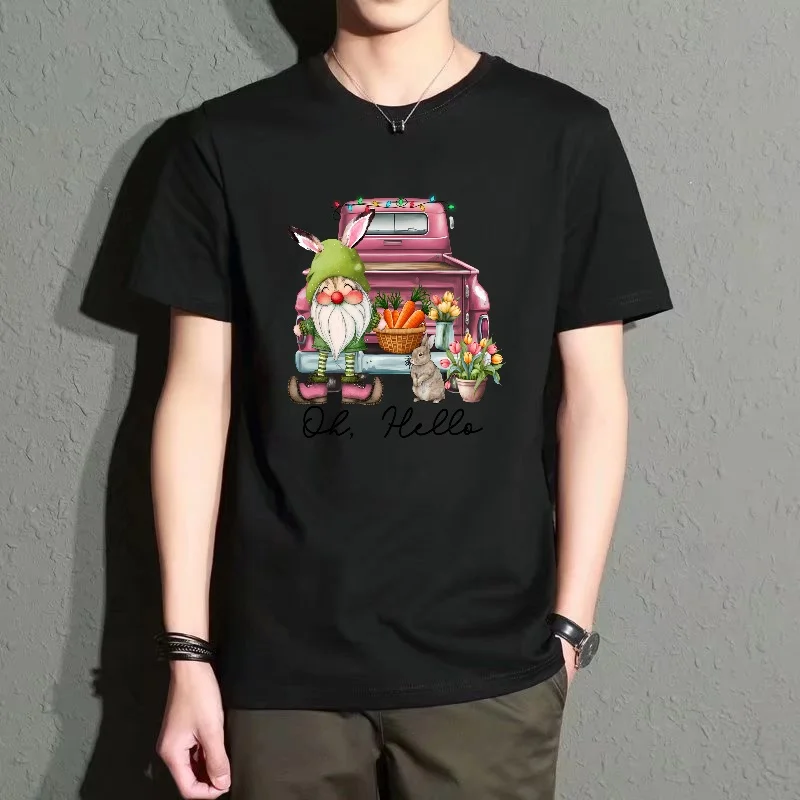 Men's Black Round Neck Short-Sleeved T-Shirt, Cartoon Elf Rabbit Print Top, Casual Everyday Versatile Style, Comfortable and Breathable, Fashionable and Trendy