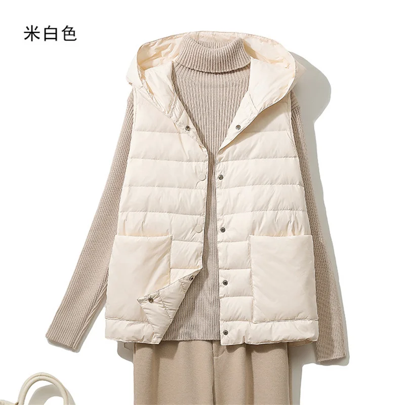 

New Autumn Winter Women Hooded Down Waistcoat Jacket Ultra Light White Duck Down Vest Coat Lady Sleeveless Short Warm Tank Parka