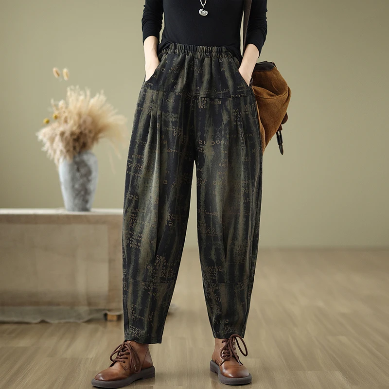 Retro Taille Denim Jeans Herbst Winter Große Größe frauen Elastische Taille Casual Harlan Hosen Karotte Hosen Brief Drucken