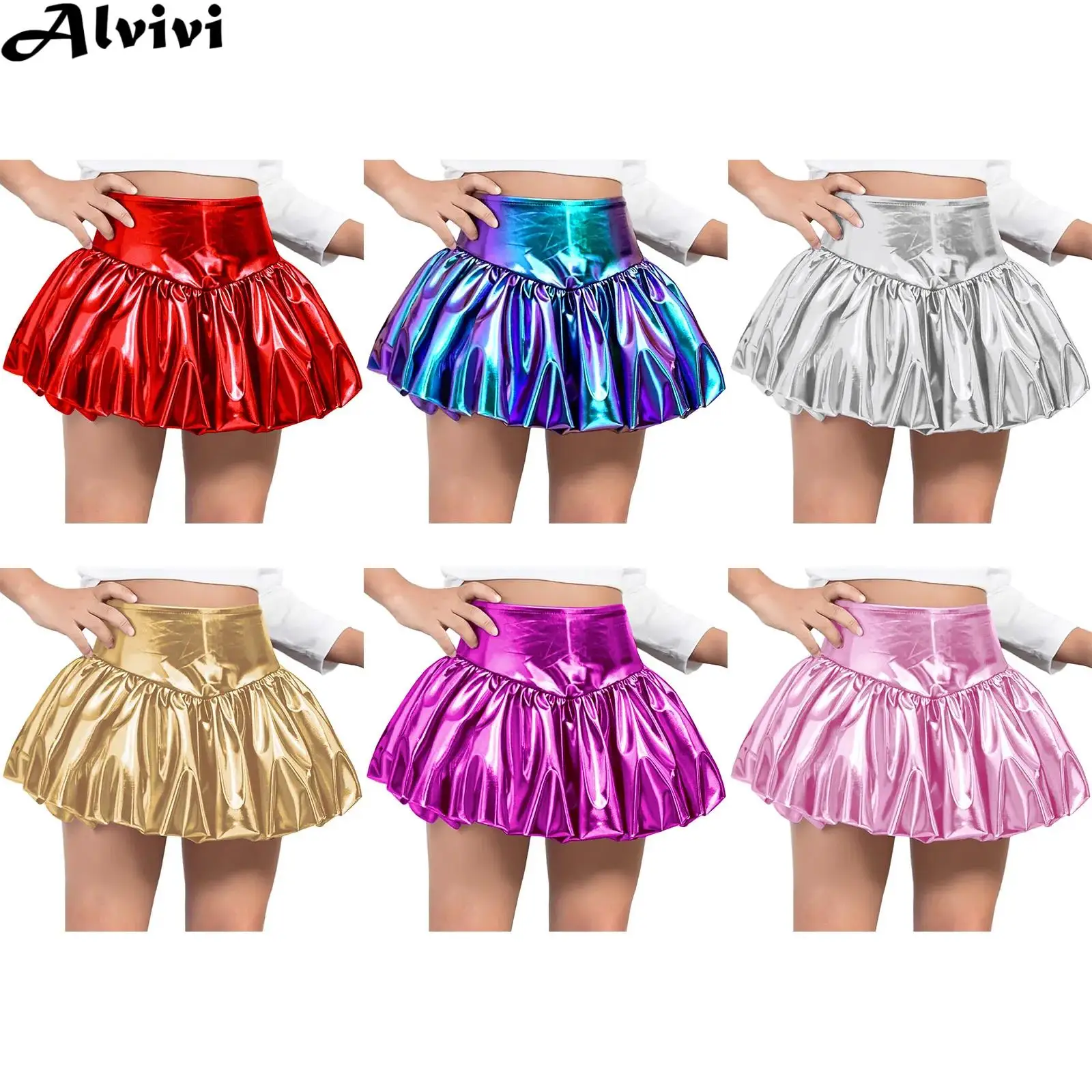 Kids Girls Hip Hop Jazz Dance Cheerleading Skirt Metallic Shiny Elastic Waistband Bubble Skirts for Party Stage Performance
