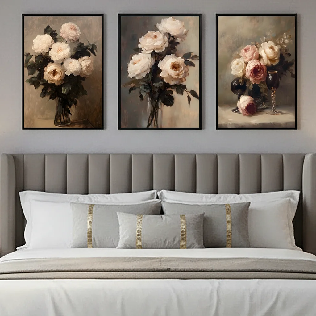 

Vintage Wall Art, Rose Floral Oil Painting Canvas Painting, Neutral plant Poster Print for Bedroom Living Room Wall Decor