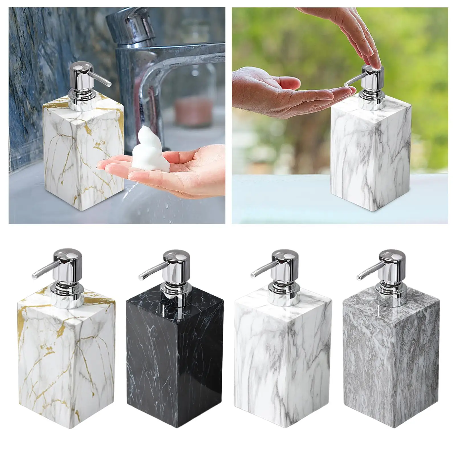 Dispensador de jabón de mármol con bomba de acero inoxidable, elegante contenedor de loción a prueba de herrumbre, botella decorativa para encimera de baño