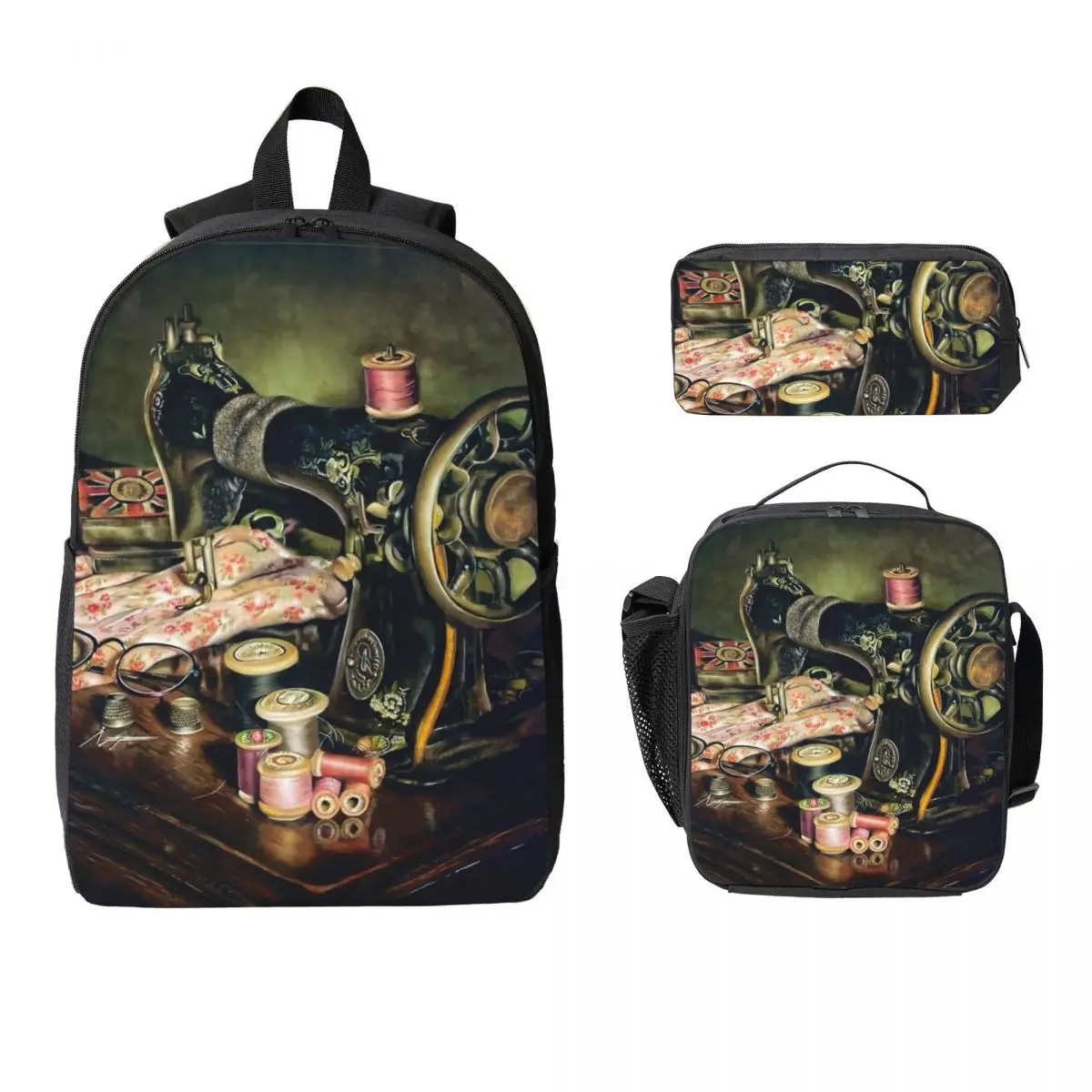 Vintage Sewing Machine Sewing Time Backpack Student BookBag School Bag Laptop Shoulder Bags 3ps Insulated Lunch Bag Pencil Case