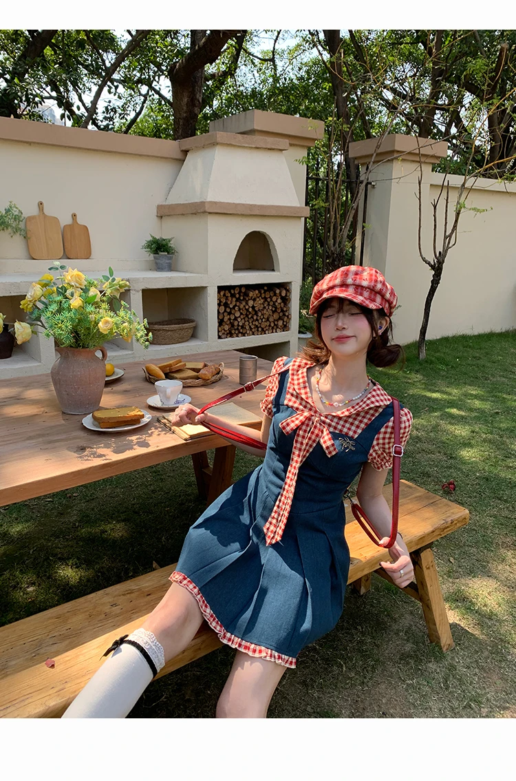 

SOIOMES Raspberry Jam Red Checkered Patchwork Contrasting Dress Women's Summer Bubble Sleeve Short Skirt