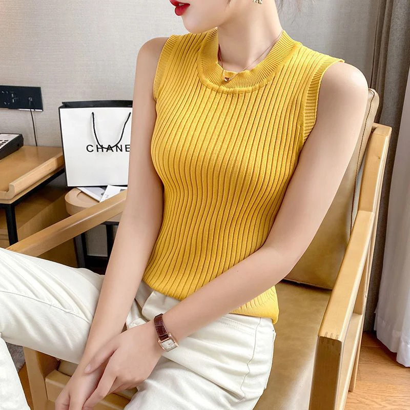 Summer New Round Neck Solid Color Knitting T-shirt Ladies Sleeveless Casual Fashion Tank Top Women Simple All-match Bottomed Tee